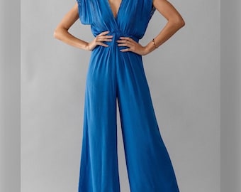 Wide Leg Crop Jumpsuit with Short Cap Sleeves and Lace Trim - Boho Chic for Spring Summer, Open V Back and Front V neck, No Closure, Gift