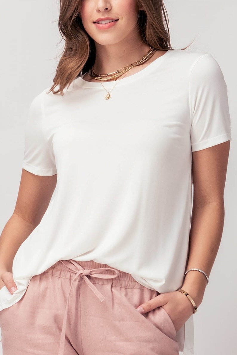 Super Soft Modal Crew Neck Basic T Shirt, High Low Side Slit Tee, Durable Versatile Quality, Comfort wear Cozy Basic Womens, Gift for Her