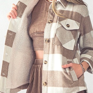 Cozy Plaid Felt Shirt Jacket with Sherpa Lining, Boyfriend Fit, Cozy, Stylish,  Side and Chest Pockets, Button Cuffs, Collared, Her Gift