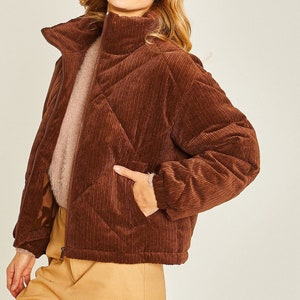 Corduroy Quilt Puffer Zip Up Jacket - Warm and Stylish Winter Essential, Side Pockets, Full Lining, Elastic Cuff Sleeve, Fashion Gift