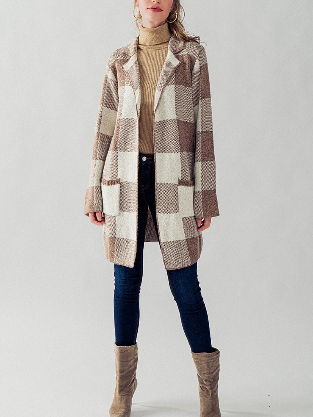 トップス Oversized plaid collar neck cardigan Womens Oversized Checkered Cardigan Sweater Fall Trendy Long