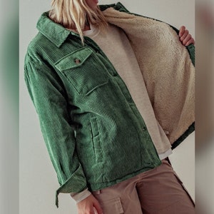 Cozy Corduroy Shirt Jacket with Sherpa Lining, Retro Colors, Warm Shacket Side and Chest Pockets, Button Cuffs, Western Collared Her Gift
