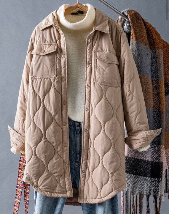 Quilted Long Padding Parka Puffer - Lightweight & Warm Outerwear, Collared, Snap Closure, Front Flap Pockets, Full Lining, Button Cuff, Gift