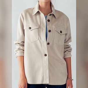 Oversized Modern Soft Faux Suede Button Up Shirt Jacket - Womens Shacket Western Rodeo, Front Flap Pockets in Black Camel Khaki Grad Gift