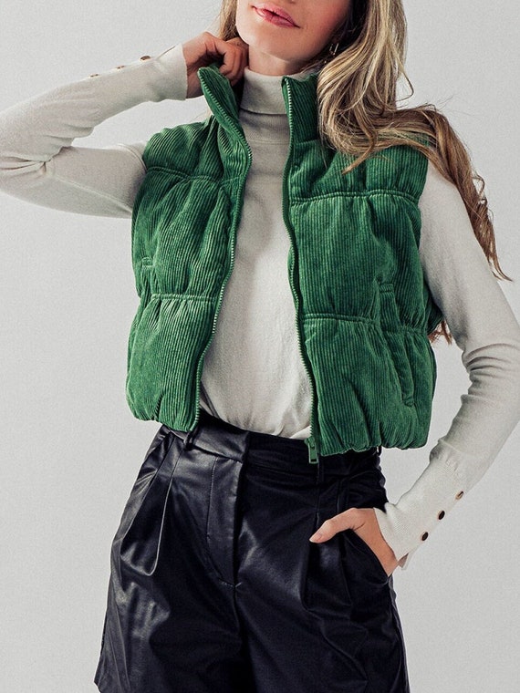 Cropped Corduroy Puffer Vest, Urban Chic, Side Pockets Stand