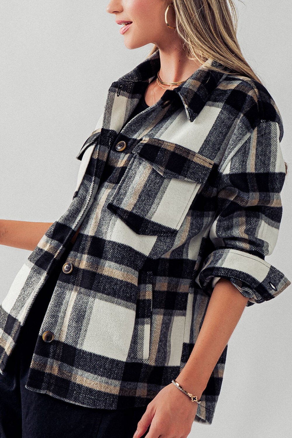 Full Length Button-up Shirt Jacket - Flannel Shacket, Side and Front ...