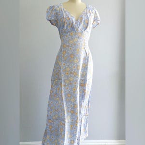 Floral Sakura Print Midi Dress * Side Slit Cap Sleeve * Spring Summer Homecoming * Vintage Colors Blue Yellow * Mother&#39;s Graduation Day Gift