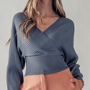 Cozy Vibes, Surplice Dolman Long Sleeve Ribbed Knit Top, Fall Winter Sweater Blouse, V neck Back Strap, Soft Stretchy Versatile Fashion Gift Blue