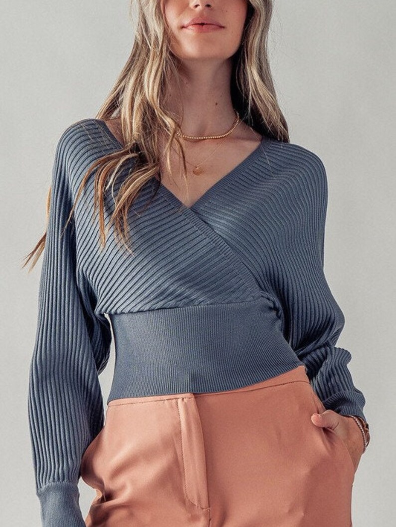 Cozy Vibes, Surplice Dolman Long Sleeve Ribbed Knit Top, Fall Winter Sweater Blouse, V neck Back Strap, Soft Stretchy Versatile Fashion Gift Blue