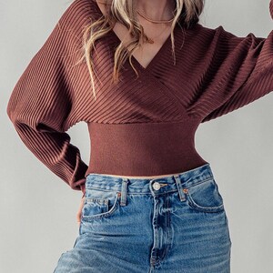 Cozy Vibes, Surplice Dolman Long Sleeve Ribbed Knit Top, Fall Winter Sweater Blouse, V neck Back Strap, Soft Stretchy Versatile Fashion Gift Brown