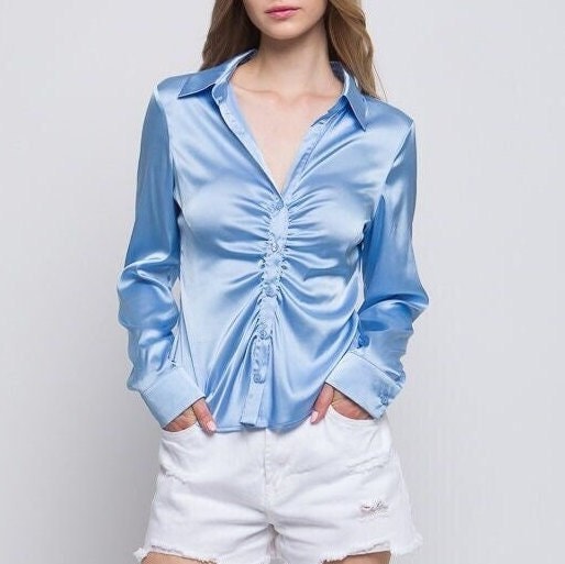 Women Blue & Green Satin Belted Shirt With Lounge Pants