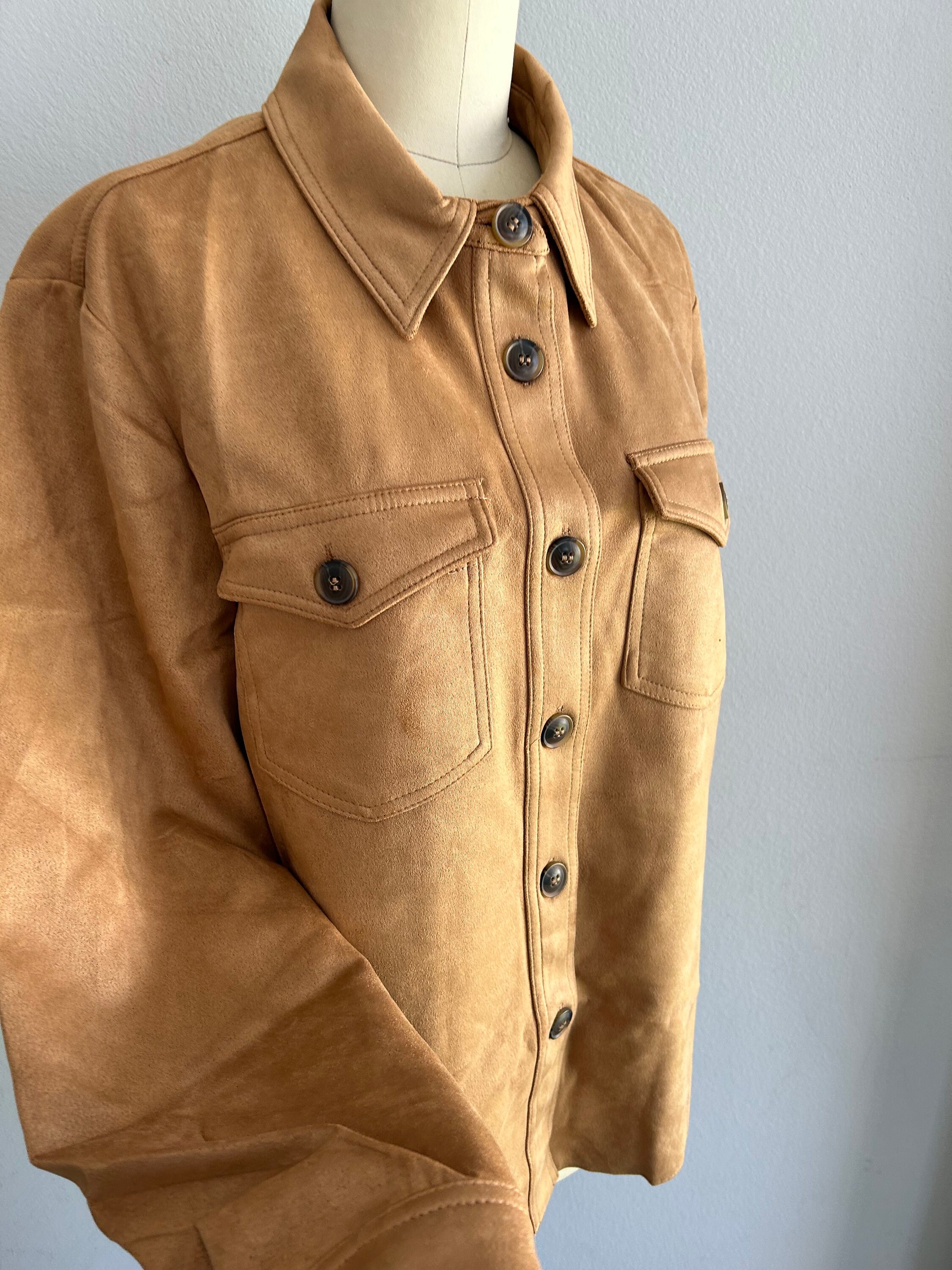 ★G-CUT★ Round Neck Flap Pocket Button Up Jacket _Brown 725 Suede Shirt Jacket – BUGATCHI