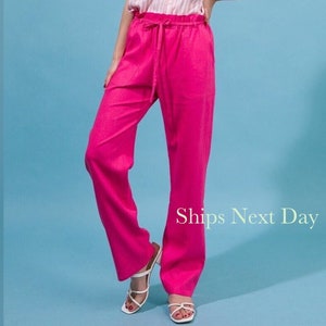 Paperbag Drawstring Linen Blend Pants * Tapered Straight Relaxed Fit * Spring Break Summer Vacation Beach Casual Lounge