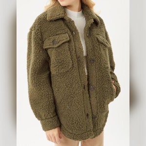 Boyfriend Button Up Teddy Sherpa Shacket, Super Soft and Cozy Premium Quality Jacket, Fuzzy Coat in Taupe, Cream & Olive. Gift Holiday Gift