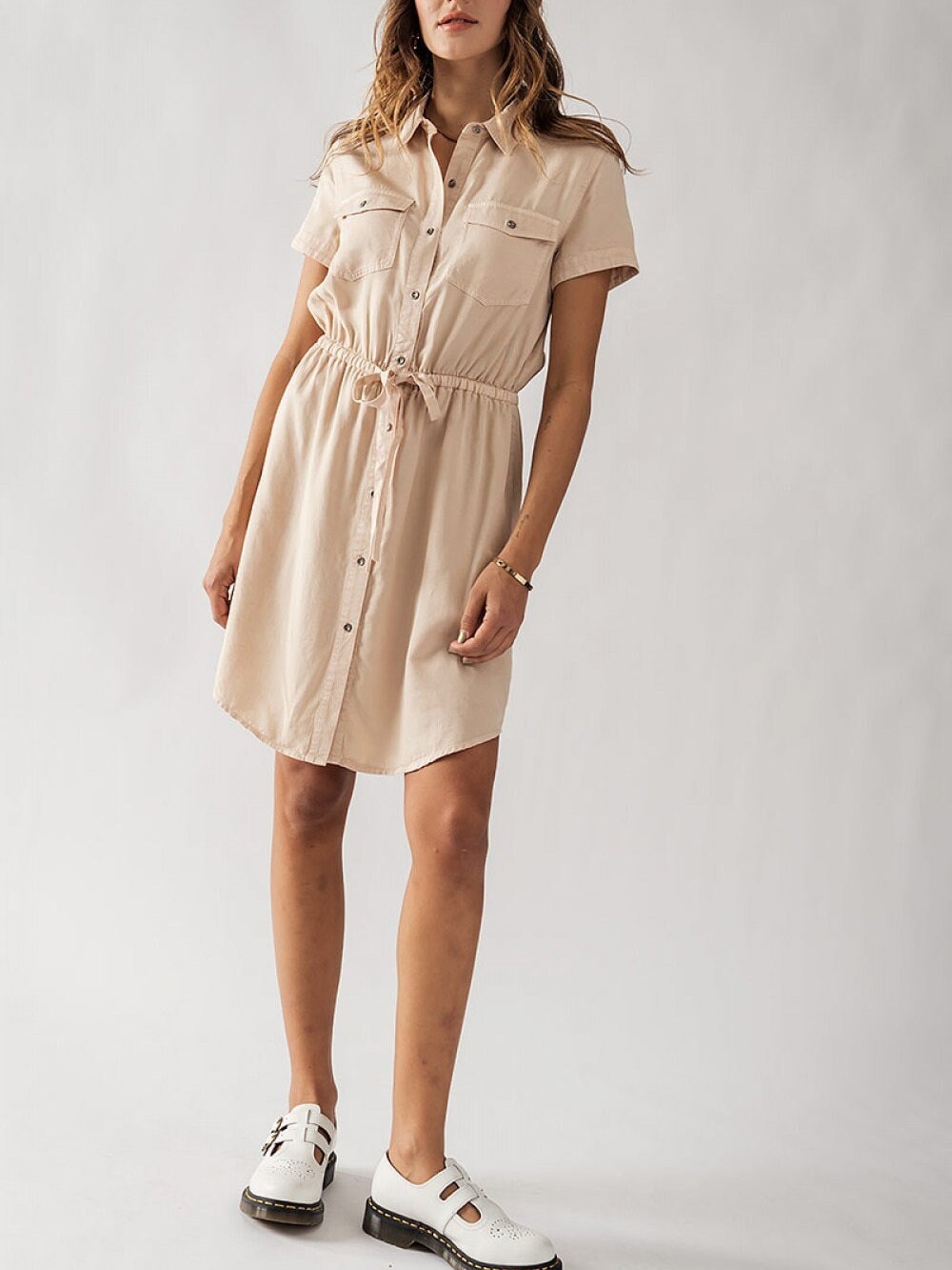 Elegant and Eco-Friendly Tencel Lyocell Button-Up Dress Drawstring Collared Short Sleeve Brunch Church Casual Spring Summer Jean Shirt Dress