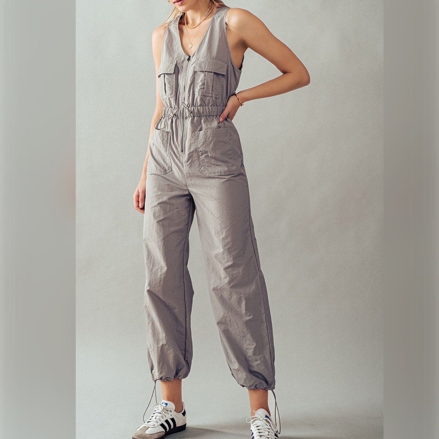 Women's Cargo Pocket Belted Jumpsuit Casual Solid Joggers Slim Romper  Playsuit
