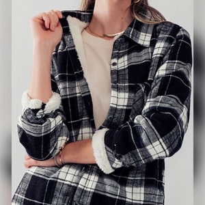 Cozy Plaid Flannel Shacket with Sherpa Lining - Premium Quality and Stylish - Mustard/Navy and Black/White Flannel Shirt Jacket, Her Gift