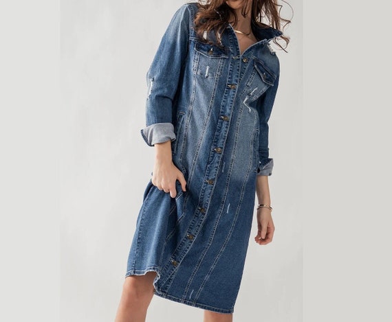 Distressed Long Denim Button up Jacket * Jean Duster Coat