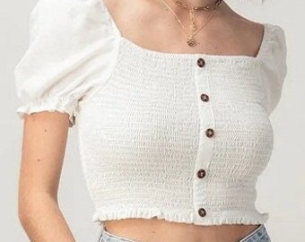 Retro Sweetheart Puff Sleeve Crop Top * Straight Neckline * Smocked Bodice * Soft Tencel * Cap Sleeves * Denim White * Girlfriend Grad Gift