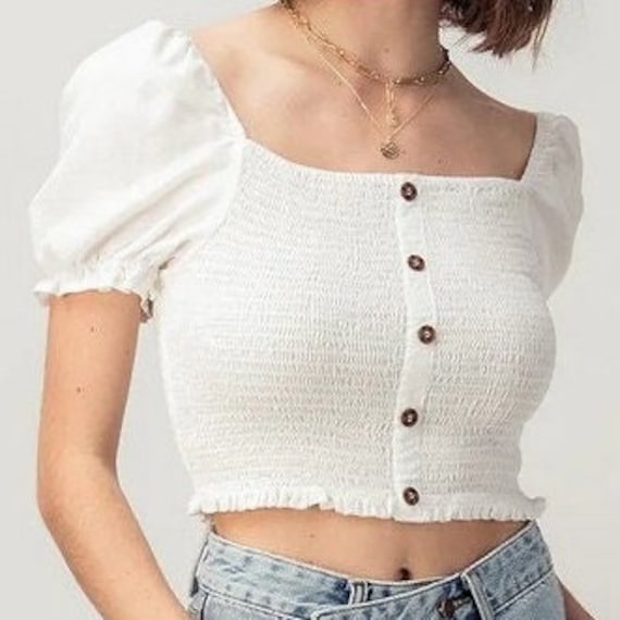white smocked crop top