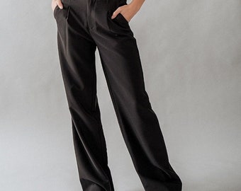 Pantalon droit taille haute, taille haute, fluide * dos élastique * femmes * bureau, tenue vestimentaire * pantalon ample * cadeau léger