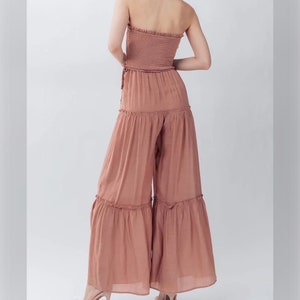 Strapless Wide Leg Jumpsuit, Flowy Breezy Loose Ruffle Pants, Boho Smocked Tube Bandeau. Retro 70's 80’s Lightweight Jumper, Summer Gift