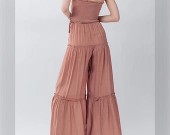 Strapless Wide Leg Jumpsuit, Flowy Breezy Loose Ruffle Pants, Boho Smocked Tube Bandeau. Retro 70's 80’s Lightweight Jumper, Summer Gift
