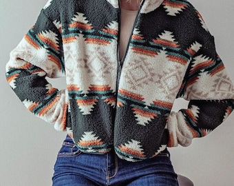 Cozy Tribal Print Sherpa Zip-up Short Jacket, Cropped Cardi Side Hdden Pockets, Soft Warm Cozy Aztec Print Fabric Cropped Teddy Jacket