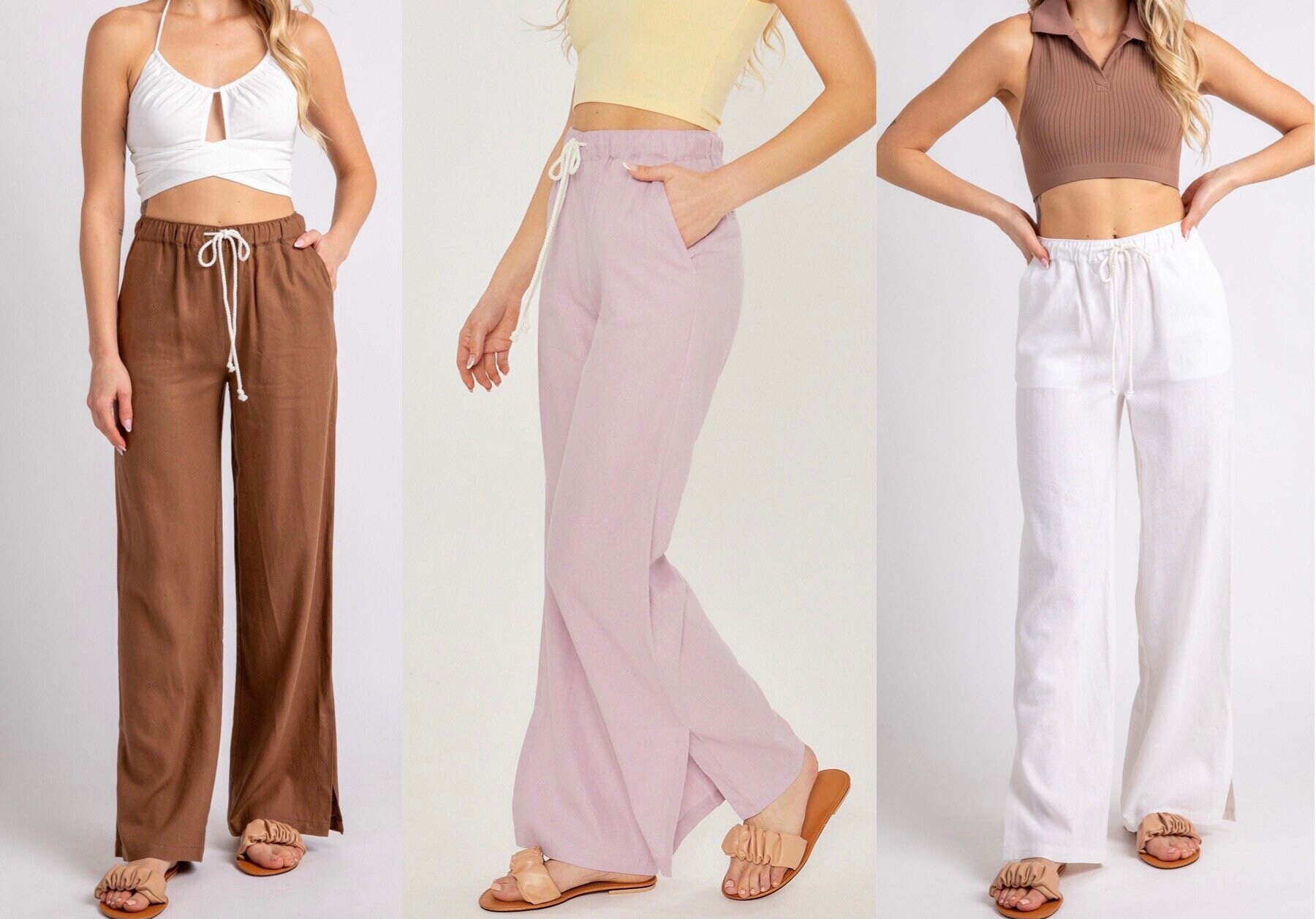 Drawstring Linen Blend Pants Wide Leg Elastic Waistband Brown Lilac Lavender White. Loose Fit, Summer Spring Graduation Coastal Gift