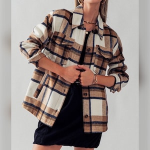 Full Length Button-Up Shirt Jacket - Flannel Shacket, Side and Front Flap Pockets, Cuff Buttons, Fall Winter Vesatile Fashion Her Gift