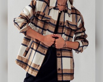 Veste chemise boutonnée sur toute la longueur - Chemise effet flanelle, poches latérales et à rabat sur le devant, boutons de manchette, mode vestimentaire automne-hiver son cadeau