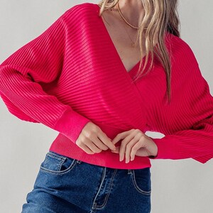 Cozy Vibes, Surplice Dolman Long Sleeve Ribbed Knit Top, Fall Winter Sweater Blouse, V neck Back Strap, Soft Stretchy Versatile Fashion Gift Hot pink