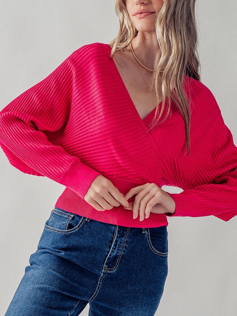 Cozy Vibes, Surplice Dolman Long Sleeve Ribbed Knit Top, Fall Winter Sweater Blouse, V neck Back Strap, Soft Stretchy Versatile Fashion Gift Hot pink