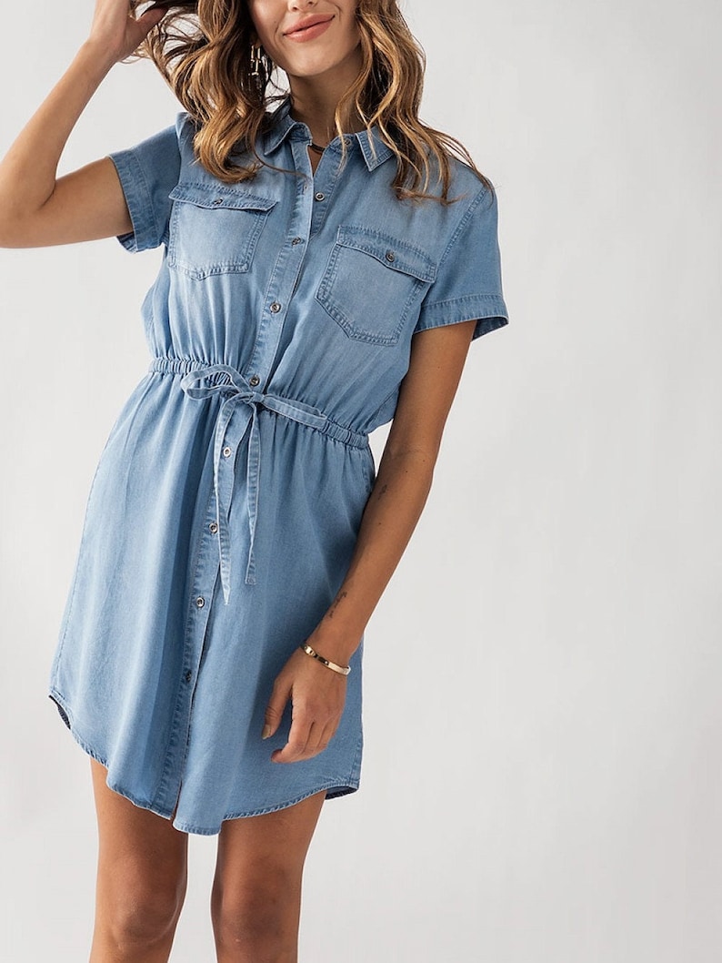 Elegant and Eco-Friendly Tencel Lyocell Button-Up Dress Drawstring Collared Short Sleeve Brunch Church Casual Spring Summer Jean Shirt Dress image 6