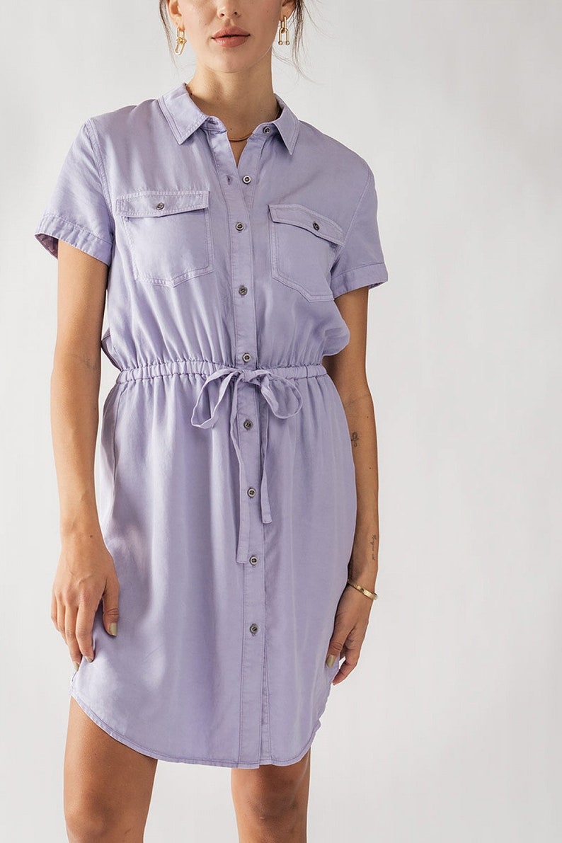 Elegant and Eco-Friendly Tencel Lyocell Button-Up Dress Drawstring Collared Short Sleeve Brunch Church Casual Spring Summer Jean Shirt Dress image 2