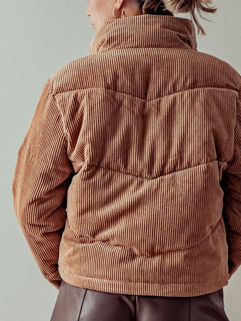 Corduroy Puffer Jacket With Hidden Button and Zipper Closure Corduroy Puffer Jacket With Hidden Button and Zipper Closure