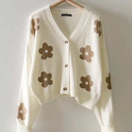 Daisy Flower Print Retro Sweater Cardigan With Dolman Long - Etsy