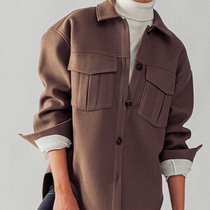 Cozy Drop Shoulder Felted Shacket, Front Chest Pockets, Cuff Sleeves ...