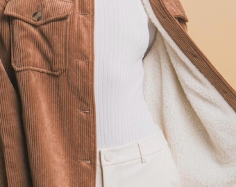 Cozy Corduroy Shirt Jacket with Sherpa Lining, Retro Colors, Warm Shacket Side and Chest Pockets, Button Cuffs, Western Collared Her Gift