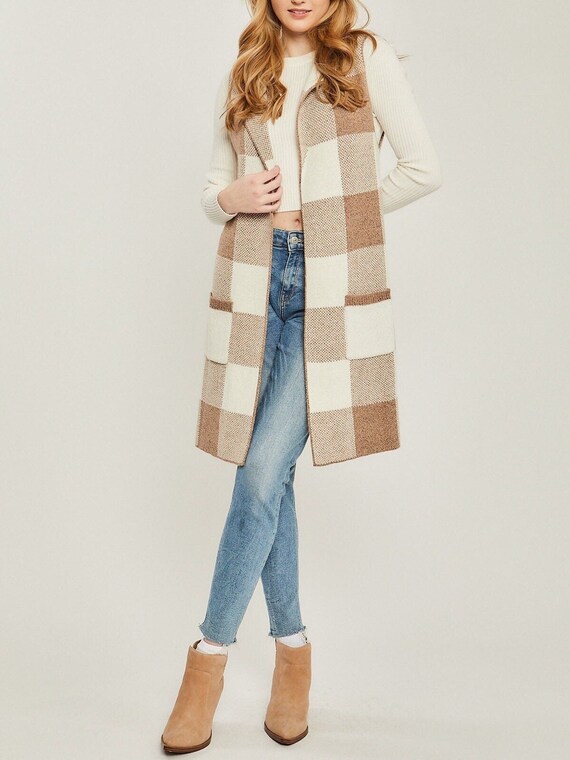 Plaid top sleeveless cardigan