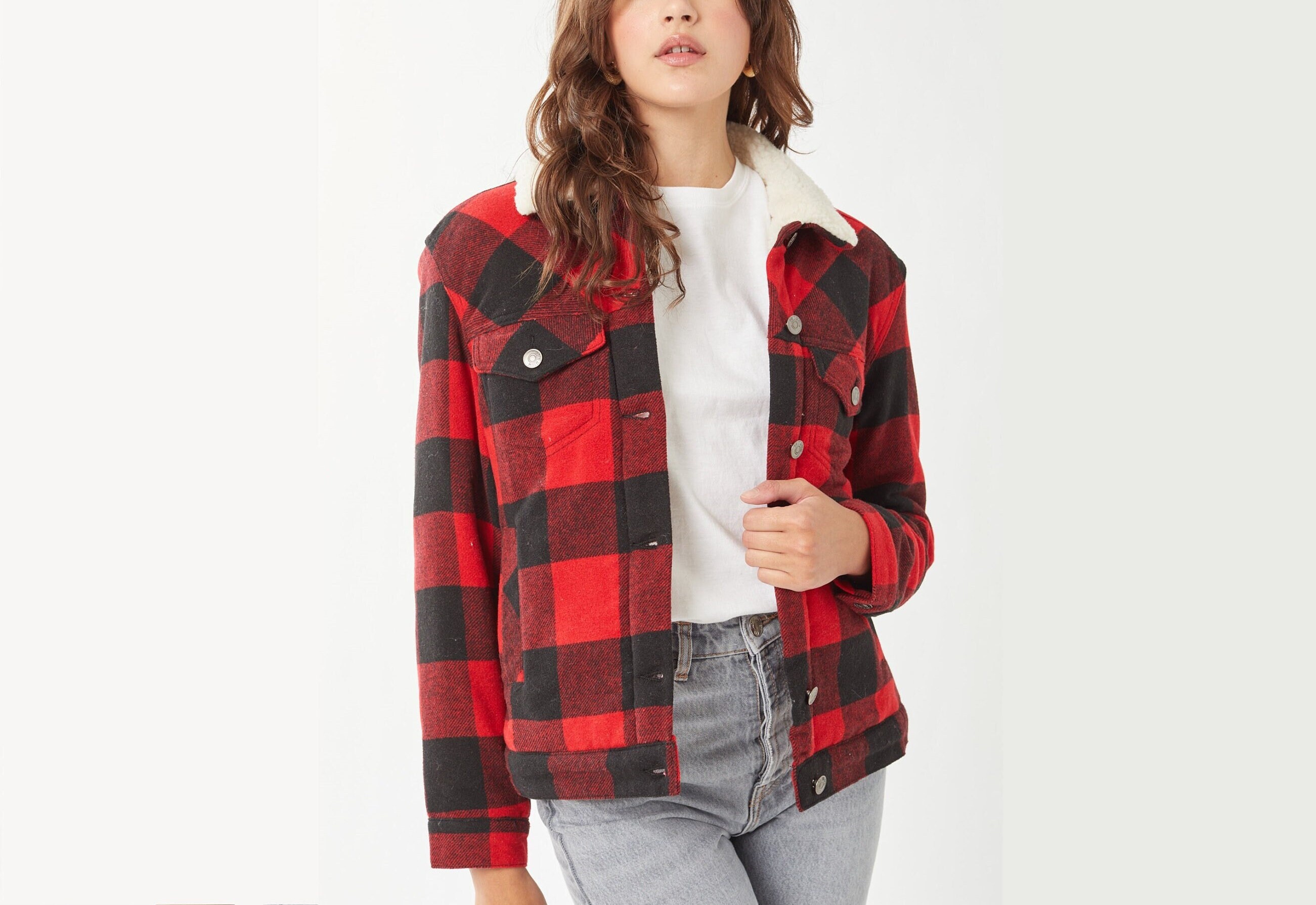 Red Black Plaid Flannel Sherpa Lined 