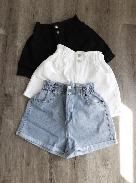 High Waist Paperbag Denim Shorts Elastic Waistband Boxy Jean Etsy