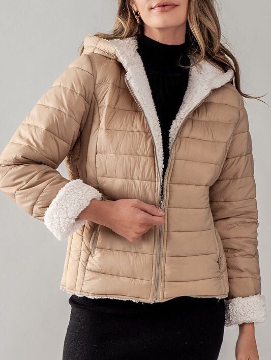 Reversible Sherpa Fleece Puffer Hooded Jacket, Warm Cozy, Zipper