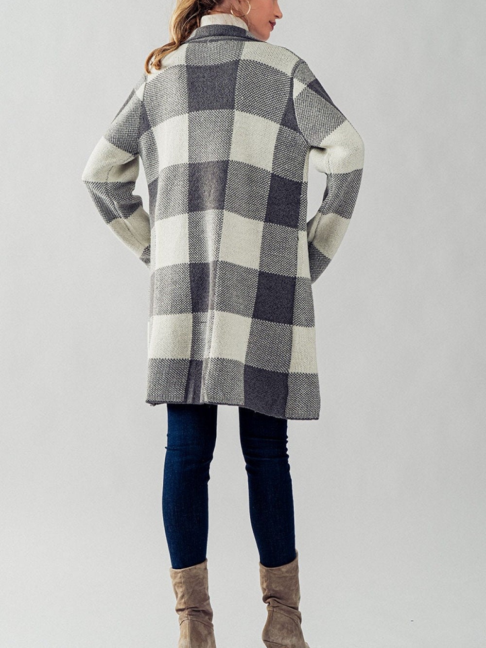 Long Sleeve Large Block Plaid Knit Open Cardigan, Cozy and