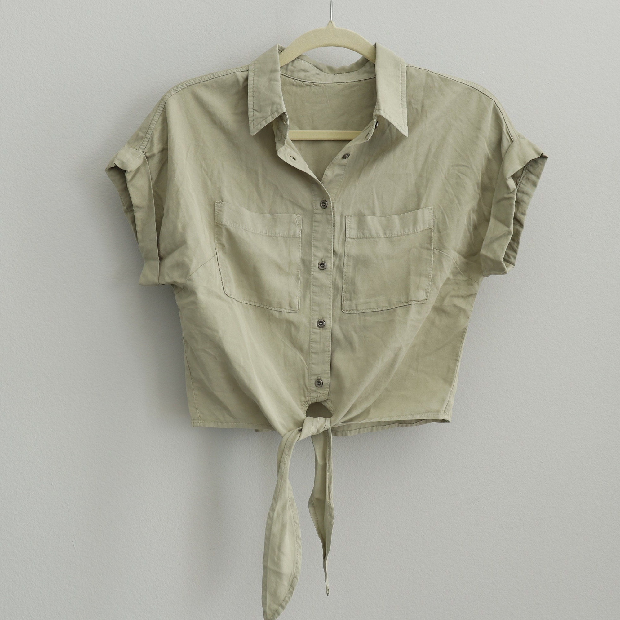 Tie Front Tencel Button up Shirt. Wide Short Sleeve Denim Top