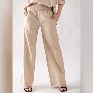 Pull On Quality Linen Blend Pants Comfort Leg in Fuschia Khaki White Sky Blue. Minimalist Casual Women&#39;s Trouser Loose Fit Gift, Festival