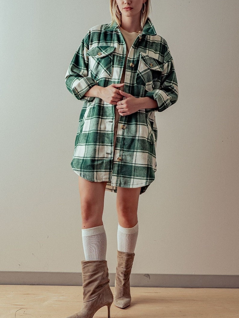 On Point Quality Brushed Flannel Plaid Long Shacket, Layering Piece for Fall Winter, Chest, Side Pockets, Chicana Style, Casual Her Gift