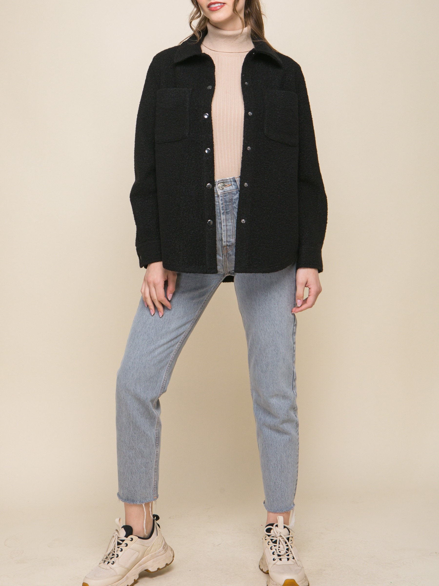 Cozy Chic Long Sleeve Teddy Brushed Sherpa Jacket Collared Snap Button Chest Pockets Curved Hem Button Cuffs Boyfriend Fit Shacket Etsy Ireland
