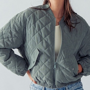 Quilted Corduroy Utility Puffer Jacket with Snap Button Pockets - Cozy and Stylish, Ribbed Hem, Fully Lined, Elastic Cuff. Holiday Her Gift