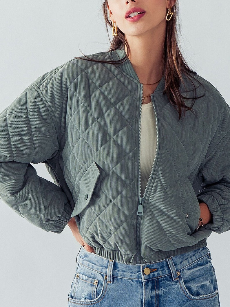 Quilted Corduroy Utility Puffer Jacket with Snap Button Pockets - Cozy and Stylish, Ribbed Hem, Fully Lined, Elastic Cuff. Holiday Her Gift